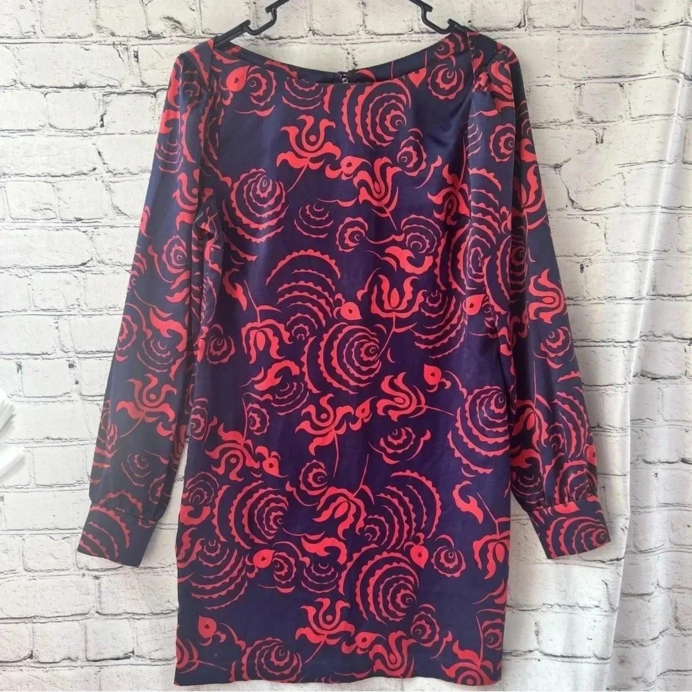 Rachel Roy Navy Blue Red Design Long Sleeve Mini Dress Sabrina Neck Size Medium